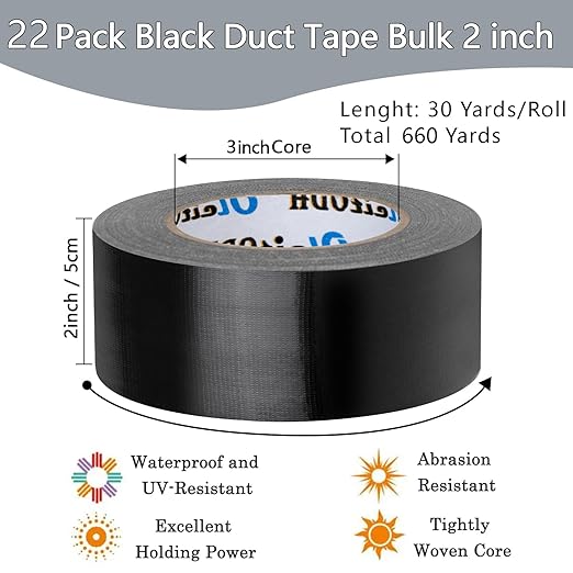 22 Pack Black Duct Tape Bulk, 2 Inch Heavy Duty (Total 660 Yards), Strong No Residue All-Weather Tape, Tear by Hand, Multi-Use for Indoor