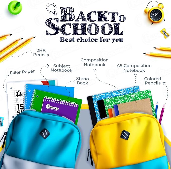 Rosmonde 5 Subject Notebook Wide Ruled, 6 Pack, 300 Pages (150 Sheets), 8 x 10-1/2", 5 Subject Spiral Notebook with Dividers, Thick Paper Fights Ink Bleed, 3 Hole Punched, Spiral Notebooks for School