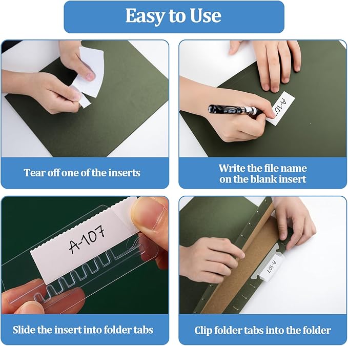 Hanging File Folder Tabs,100 Sets Hanging File Folder Labels Tabs and Inserts for Hanging Files Folders, Insertable Plastic Tabs Hanging Folder Tabs