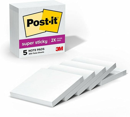 Post-it Super Sticky Notes, 5 Sticky Note Pads, 3 x 3 in., School Supplies, Office Products, Sticky Notes for Vertical Surfaces, Monitors, Walls and Windows, First Snow White
