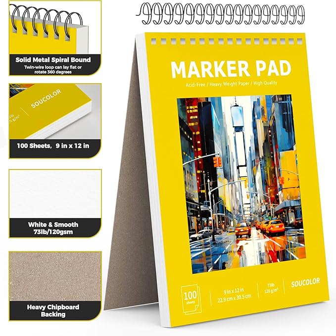 Soucolor 100 Sheets Marker Paper Pad, 9"x12" Bleedproof Art Sketch Pad, 73lb/120gsm Drawing Paper Spiral Sketch Book, Alcohol Marker Paper Painting Coloring Paper for Beginners, Artists, Kids