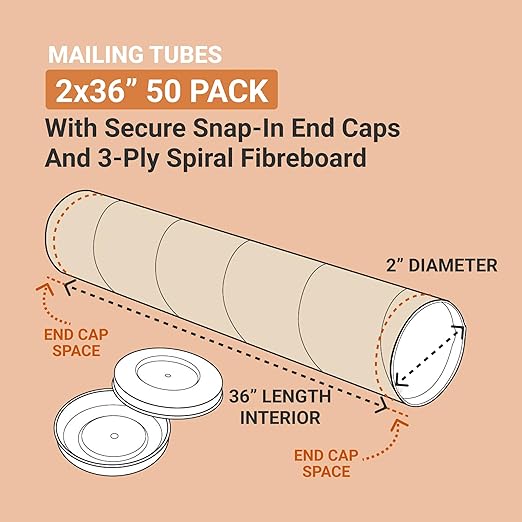 AVIDITI Cardboard Tubes with Caps, 36"L x 2"W x 2"H, Pack of 50 | Poster Tube for Mailing and Storage of Blueprints, Artwork, Crafts, Long Art Holder, 36 inches