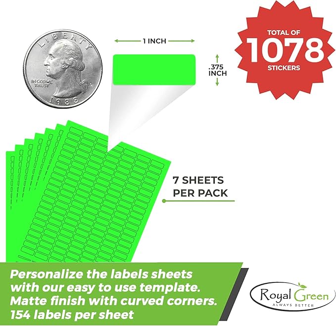 Rectangular Small Labels Printable Stickers for Injket Printers in Neon Green, Small Matte Labels 1 inch x 0.375 inch for Laser Printers with Template Included - 1078 Pack