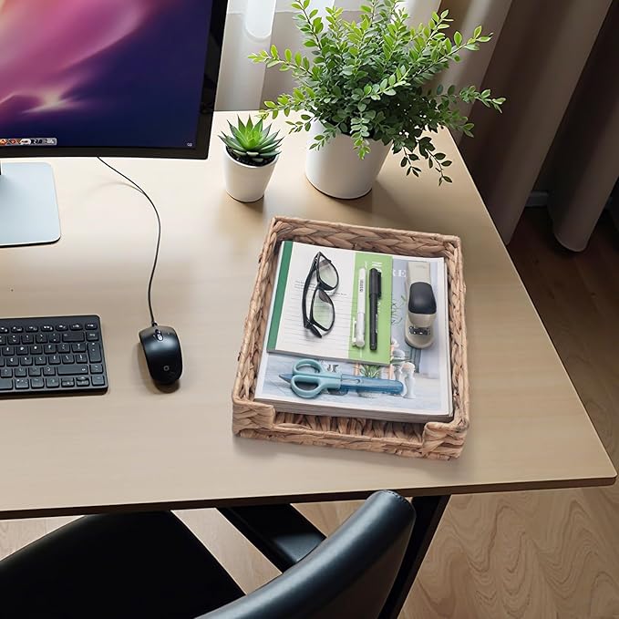 Water Hyacinth Letter Tray for A4 File Document Magazine Storage Basket Desk Tray Organizer for Office 13 x 9.8 x 2.2 inch