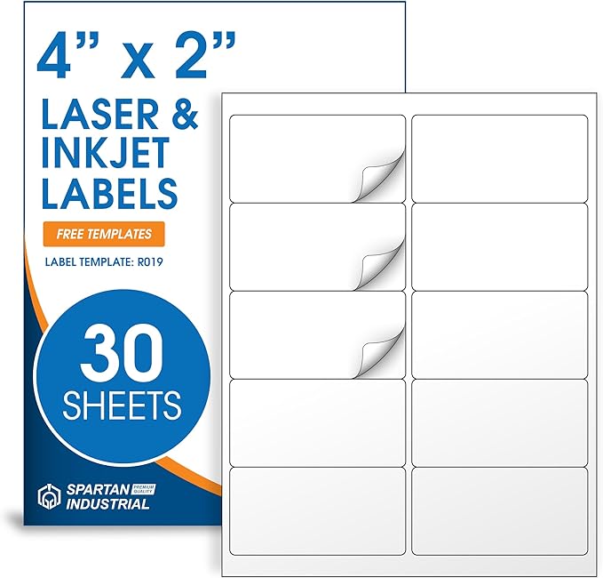 4" X 2" Printable Shipping Address Labels Compatible with Inkjet and Laser Printers - 30 Sheets, 300 Total Matte White Paper Stickers for Mailing - Spartan Industrial Template R019