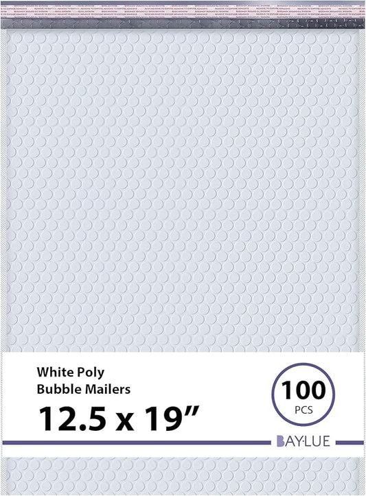White 12.5x19.5 Inch Large Poly Bubble Mailers #6 | Padded Envelopes with Self Seal | Air Lined Cushioned Bubble Mailer | Usable Size 12.5x15 | 100 Pack Bulk | Lightweight shipping Bags | Made in USA