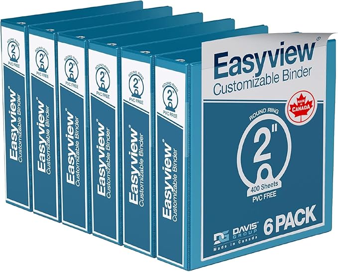 Easyview Premium 3-Ring Binders with Clear-View Covers and Round Rings, Binders for School or Office, 2 Inch, Pack of 6, Turquoise Blue