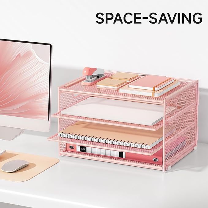 Lavatino 3-Tier Letter Tray Desk Organizer, Mesh Metal Paper File Tray Organizer for Desk, Office Supplies & Home Organization, Fits A4 Paper, Mail, Magazines & Office Accessories (Pink with Handle)