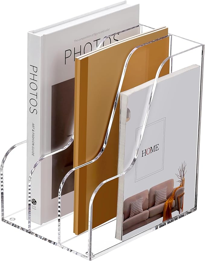 SANRUI Acrylic File Organizer, Compact Desk Organizer for Folders, Binders, Notebooks, Envelopes, Clear Magazine File Holder, 3 Section Bookshelf for School Home Office Organization, A4 Size