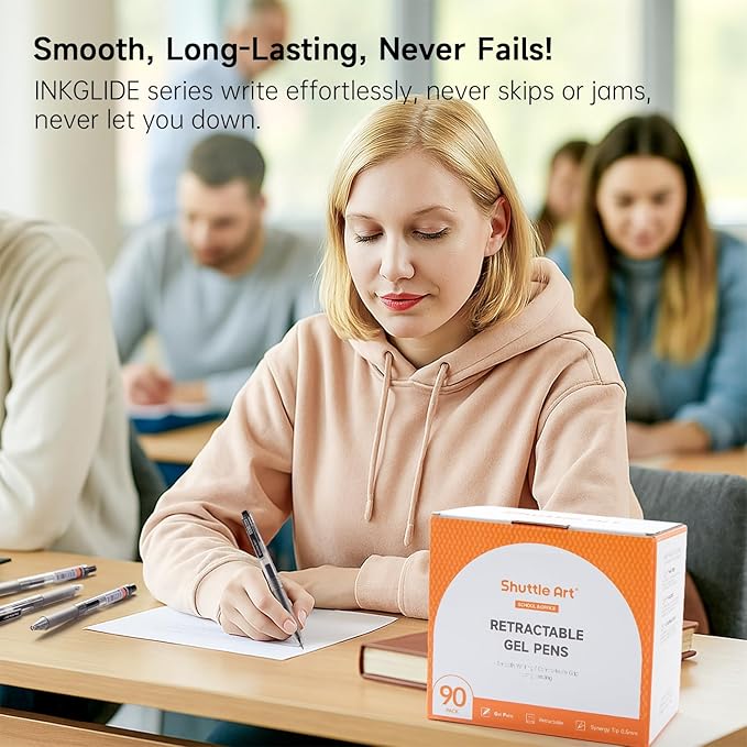 Shuttle Art Black Gel Pens, Ink Glide Series 90 Pack Retractable 0.5mm Fine Point Rollerball Gel Ink Pens Bulk Set Quick Drying Smooth Writing with Grip for Journaling Note Taking Office School Home