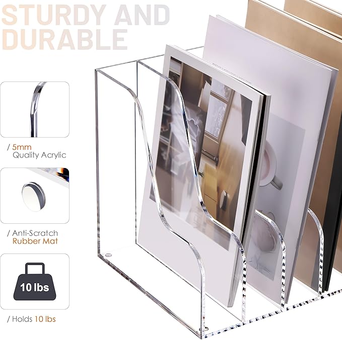 SANRUI Acrylic File Organizer, Compact Desk Organizer for Folders, Binders, Notebooks, Envelopes, Clear Magazine File Holder, 5 Section Bookshelf for School Home Office Organization, A4
