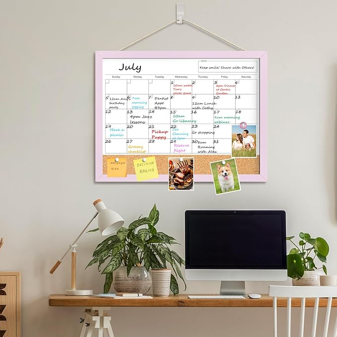 Dry Erase Calendar Cork Board Combo, 18x24 Inches Calendar Whiteboard for Wall, Magnetic White Board with Pink Wood Framed, Dry Erase Board for Planner Office Kitchen Home Memo