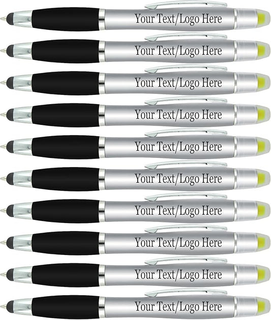 SyPen Personalized Pens with Gel Highlighter and Stylus -200 Pack Bulk-Free Imprint - 3 In Bible Highlighter No Bleed, Ballpoint Pen, and Stylus Combo- add Custom Name, Logo or Gift Message- Silver
