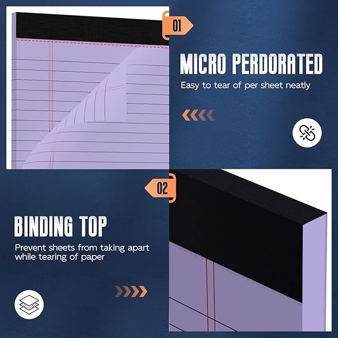 Purple Legal Pad 8.5 x 11 Wide Ruled Note Pads, 3 Pack Notepads 8.5 x 11 Lined Paper Wide Ruled Writing Pad, 30 Sheets Per Note Pad, Micro Perforated Colored Legal Pads 8.5 x 11 for Work/School/Office