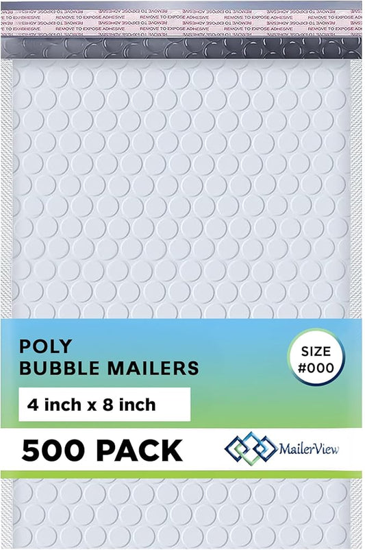 White Small Bubble Mailers 4x8 Inch #000 | Thick Padded Poly Bubble Mailer Envelopes | Waterproof Mailing Envelopes | 500 Pack Bulk | Trading card sports Card Shipping | USA Made