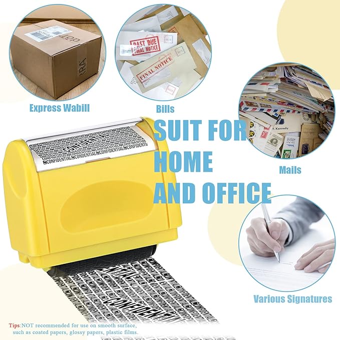 Nezyo 2 Pack Identity Protection Roller Stamp Identity Theft, Confidential, Privacy Roller Stamp Information Blocker and 4 Pack Refill Ink for ID Account Data Address Security(Yellow)