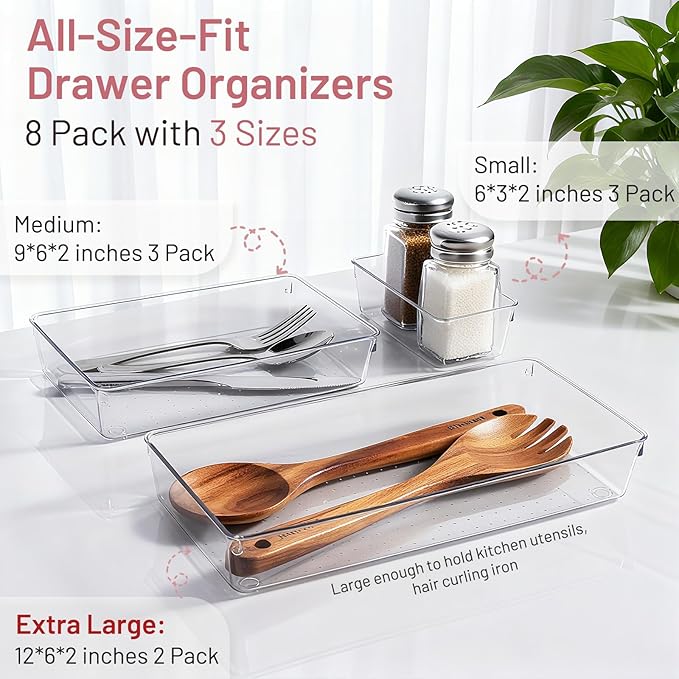 8 Pack Large Clear Plastic Drawer Organizer Trays - Acrylic Kitchen Drawer Dividers for Utensils - 3 Sizes Heavy Duty Home Organization Bins for Bathroom, Makeup, Bedroom, Office Gadgets