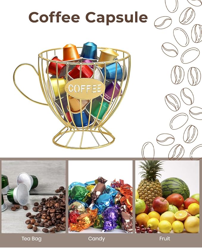 Coffee Pod Holder Large Capacity Coffee Pod Storage Metal Kitchen Countertop Organizer for Home Office Gold