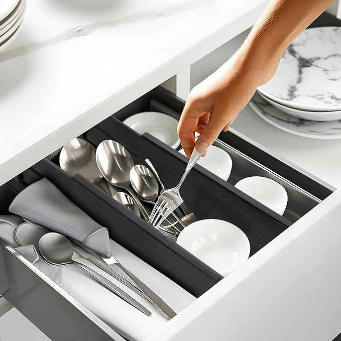 Utoplike Bamboo Dresser Drawer Dividers, 4'' High Adjustable Drawer Organizers for Clothing, Spring Loaded, Works in Kitchen, Bathroom, Bedroom, Drawer, Desk, 4 PCS, Black