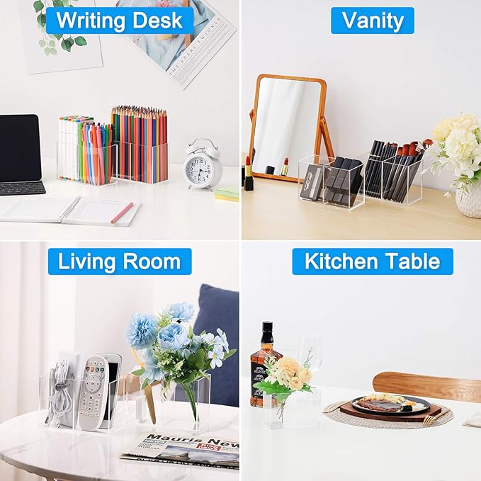 VITVITI Acrylic Pen Holder, Clear Desk Organizer, Pencil Cup Holder for Desk with 4 Compartments, Desktop Stationery Organizer for Home/Office Storage/School/Art Supply, Set of 2