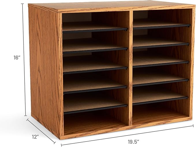 Safco 9420MO Adjustable Literature & Paper Organizer, 12 Compartment Mailbox Cubby, Great for Home, Office, Classroom Organization, Medium Oak Wood , Durable Construction, Removable Shelves