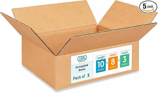 Medium Moving & Shipping Boxes 10 x 8 x 3 inches (5-Pack) - Extra Strength 200 lb vs Regular - Corrugated Packing Boxes - Corrugated Box - Packing Box for Moving Medium Volume by IDL Packaging