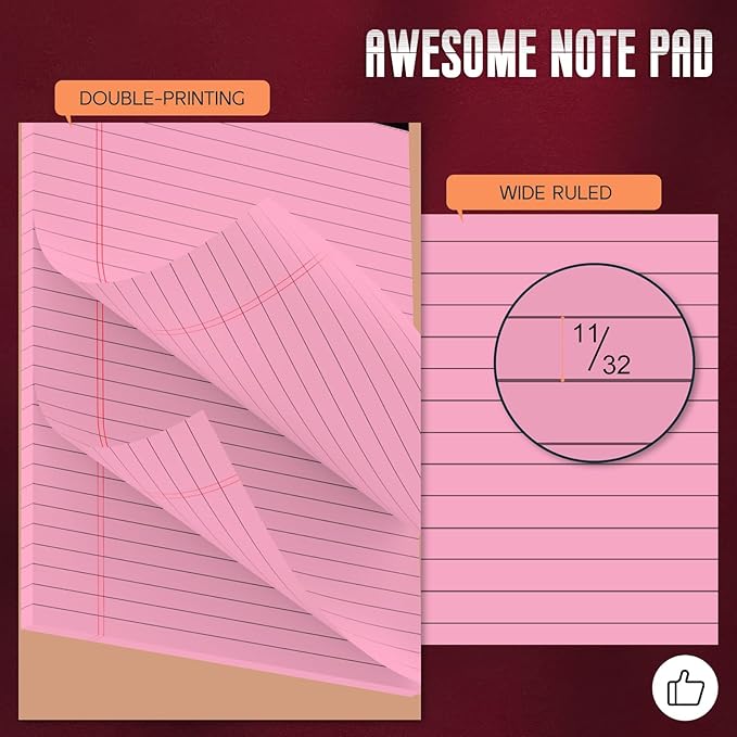 Pink Legal Pads 8.5 x 11 Wide Ruled Notepads, 3 Pack Note Pads 8.5 x 11 Lined Paper Pink Writing Pads 30 Sheets per Notepad Double-Side Printed Colored Legal Pads 8.5 x 11 for Home, Office, School