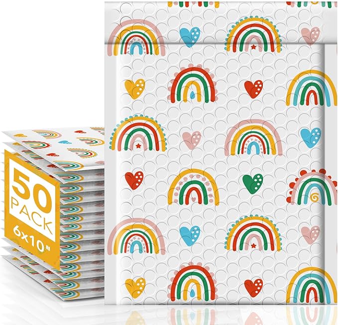 Metronic Bubble Mailers 6x10" 50 Pack Usable Size 6x9,Waterproof Mailing Padded Envelopes for Small Business,Cushioning Bubble Wrap Mailer Bags,Shipping Envelopes for Gift,Small Items Rainbow