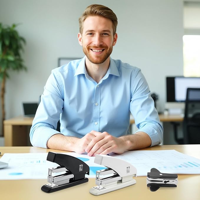M&G Effortless Stapler for Desk, 50 Sheet Capacity, Heavy Duty Desktop Stapler with 1000 Staples & Staple Remover, One Finger Touch, Good for Office Home School, White