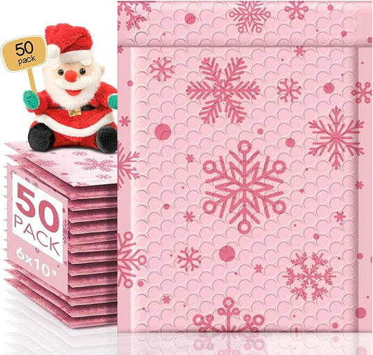 Metronic Christmas Bubble Mailers 6x10" 50pc Usable Size 6x9,Waterproof Mailing Padded Envelopes for Small Business,Cushioning Bubble Wrap Mailer Bags,Shipping Envelopes for Gift,Small Items Snowflake