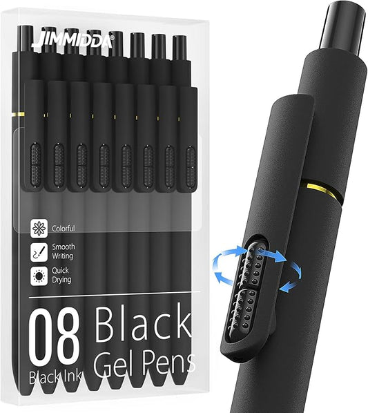 8Pcs Black Gel Pens - 0.7mm Medium Point Black Ink Pens | Smooth Writing - Quick Drying Retractable Pen for Men Women (Black - 8Pcs)