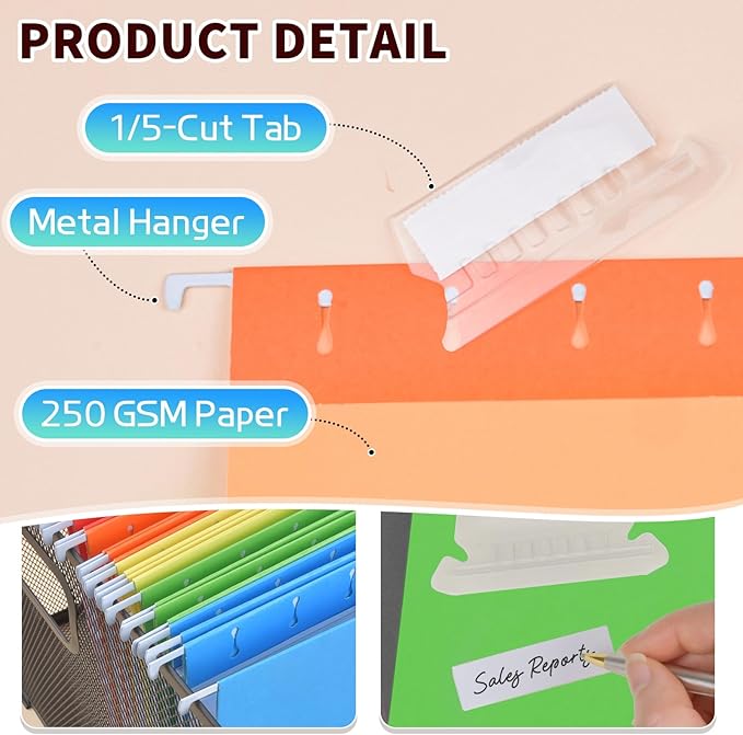 25-Pack Assorted Hanging File Folders,Letter Size with 35 Transparent Label Cards,50 Sticker Labels,1/5-Cut Tabs–Home Office & Filing Cabinets