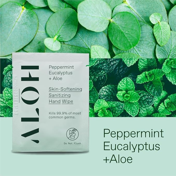 ALŌH Skin - Softening Sanitizing Hand Wipes – Peppermint Eucalyptus + Aloe - 1 Box of 500ct Individually Wrapped Wipes