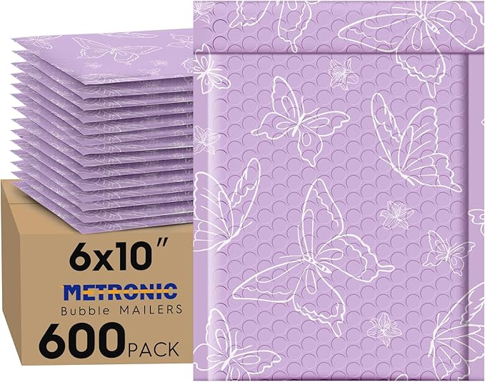 Metronic Bubble Mailers 6x10" 600pc Usable Size 6x9,Waterproof Mailing Padded Envelopes for Small Business,Cushioning Bubble Wrap Mailer Bags,Shipping Envelopes for Gift,Small Items Purple Butterfly