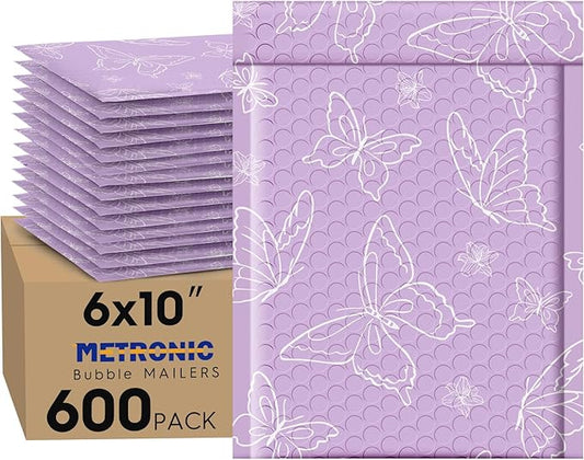 Metronic Bubble Mailers 6x10" 600pc Usable Size 6x9,Waterproof Mailing Padded Envelopes for Small Business,Cushioning Bubble Wrap Mailer Bags,Shipping Envelopes for Gift,Small Items Purple Butterfly