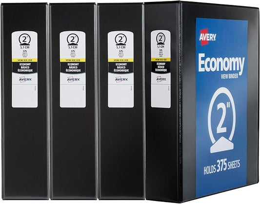 Avery Economy View 3 Ring Binders, 2" Round Rings, 4 Black Binders (19205)