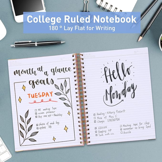 Spiral Notebook, College Ruled Notebook Journal, 8.5” x 11”, 300 Pages Leather Writing Journal for Women Men, A4 Hardcover Notebook for Work School, 24pcs Index Tabs, Pink2