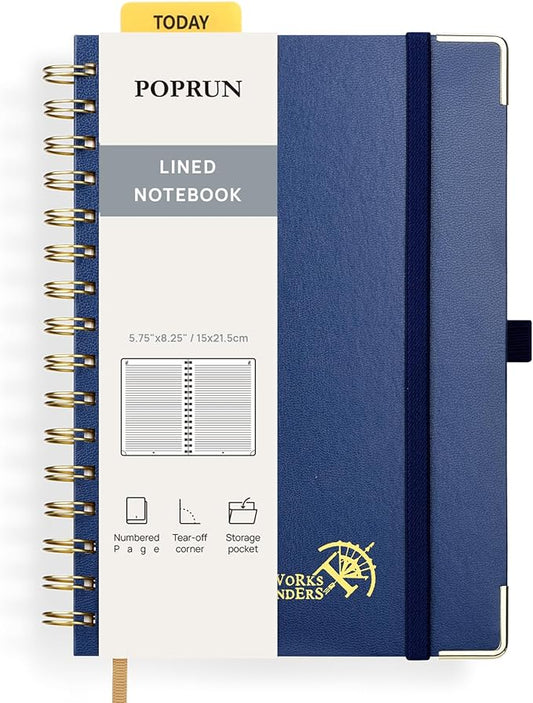 POPRUN Lined Spiral Journal Notebook, [A5-5.75'' x 8.25''] - 120 GSM Thick Paper, 144 Numbered Pages, College Ruled Notebook for Men & Women with Pocket, Index Tabs, 8 Perforated Sheets, Navy Blue