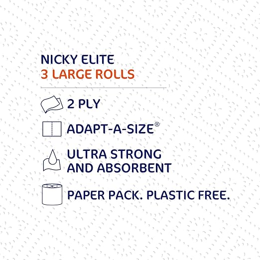 Nicky Elite Adapt-A-Size Paper Towels 24 Large Rolls= 40 Regular Rolls Plastic Free Packaging Paper Wrap Ultra Strong and Absorbent