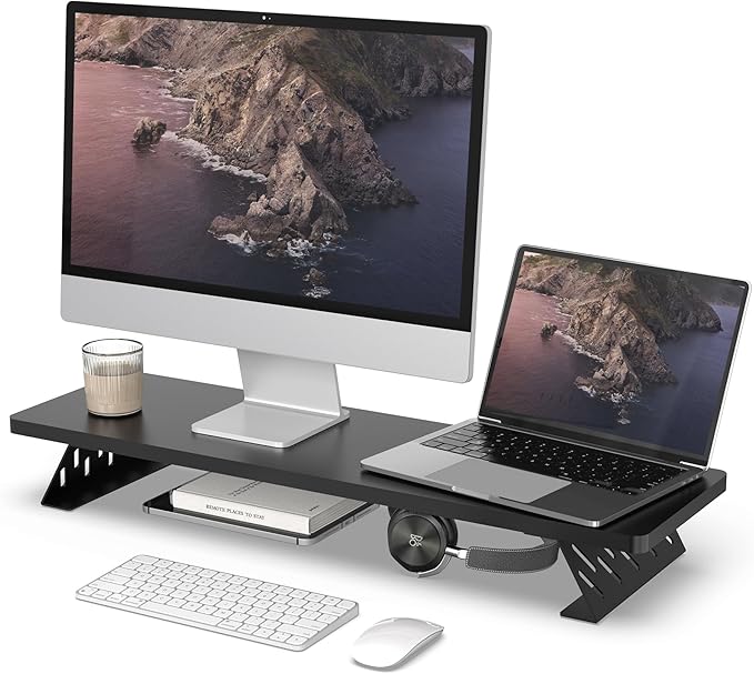 Fenge Monitor Stand Riser, Desk Top Shelf for 2 Monitors, Computer Stands for Desk, Wood & Steel Desktop Riser for Laptop, PC, Printer