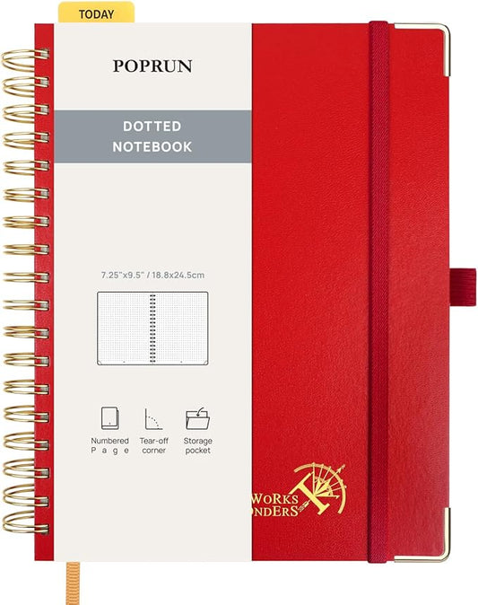POPRUN Spiral Bullet Dotted Journal Notebook, 7-1/4" x 9-1/2" - 120 GSM Thick Paper, 220 Numbered Pages, Hardcover for Men & Women with Pocket, Index Tabs, 8 Perforated Sheets, Red