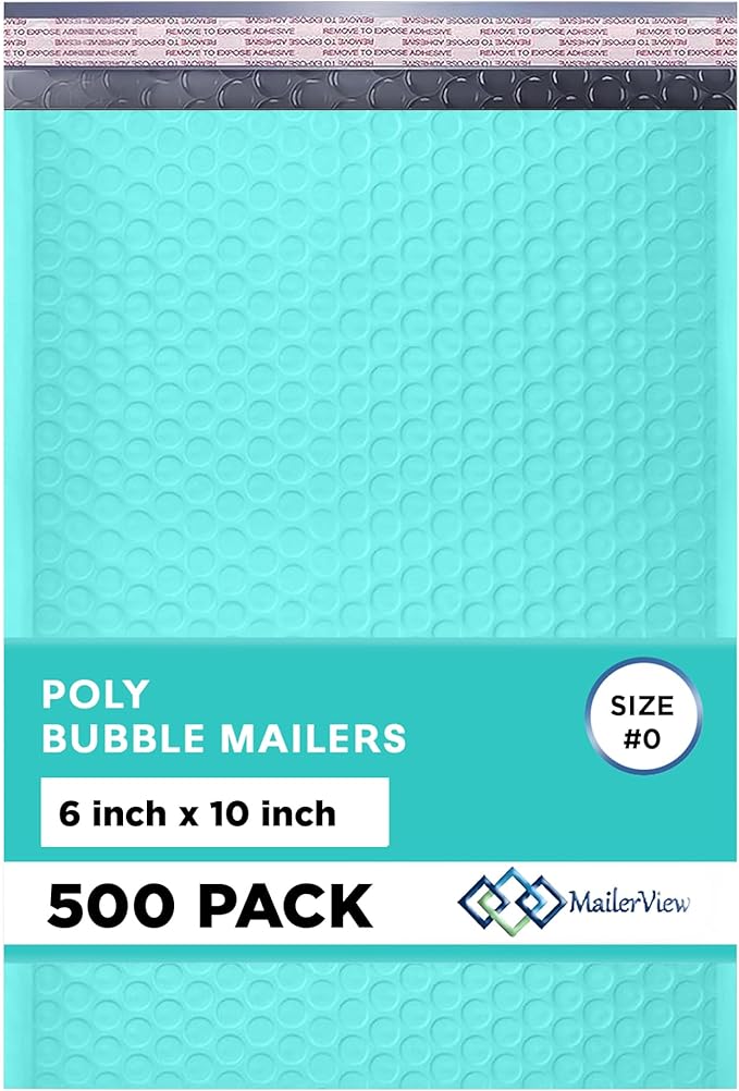 Teal Small Poly Bubble Mailers 6x10 inch #0 | Self Seal Padded Envelopes | Cushioned Bubble Mailer | Usable Size 6x9 | WaterProof | Lightweight mailing Shipping Bags | 500 Pack Bulk