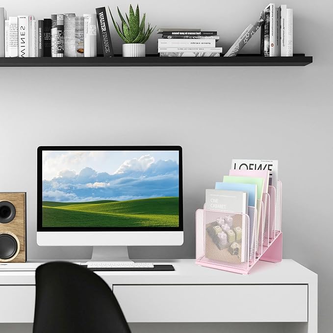 File Organizer for Desk, Desk Organizer with 5-Section Vertical File Rack, File Folder Organizer, Desk Accessories & Workspace Organizers (Pink)