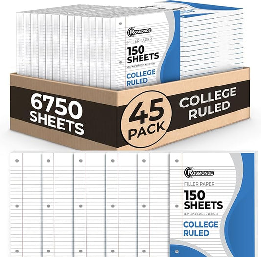 Rosmonde Loose Leaf Paper Bulk, 6750 Sheets, 45 Pack, College Ruled Sheets, 8 x 10.5", 150 Sheets/Pack, 3 Hole Punch, Bulk Notebook Paper, Filler Sheets, Fits Standard Binders, Fights Ink Bleed, White