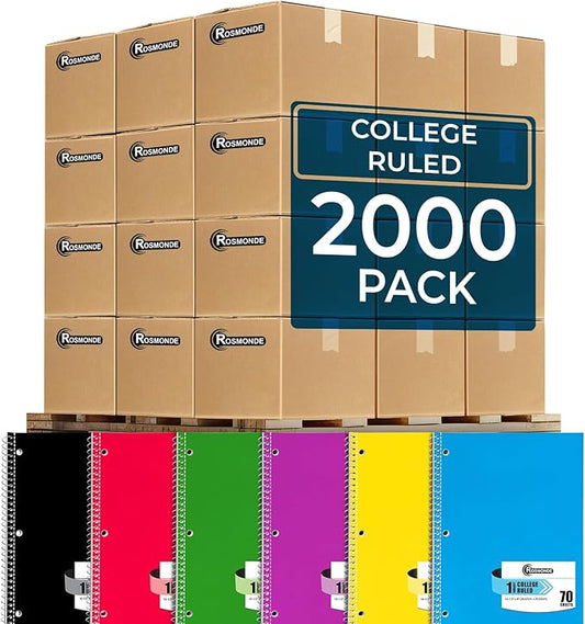 Rosmonde 2000 Packs (Pallet) 1 Subject Notebooks, Spiral Notebook Bulk, College Ruled, Pallet of Notebooks,70 Sheets (140 pages), 8 x 10-1/2",Bulk Spiral Notebooks for School & Office,4-7 Days Transit