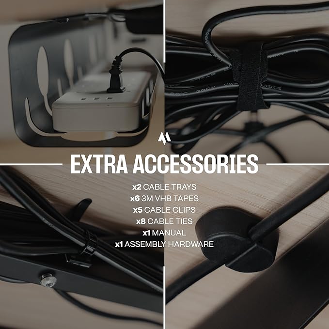 No-Drill Under Desk Cable Management Tray - 2-Pack Wire Organizer for Standing Desk - Cord Management System with Power Strip Holder - L