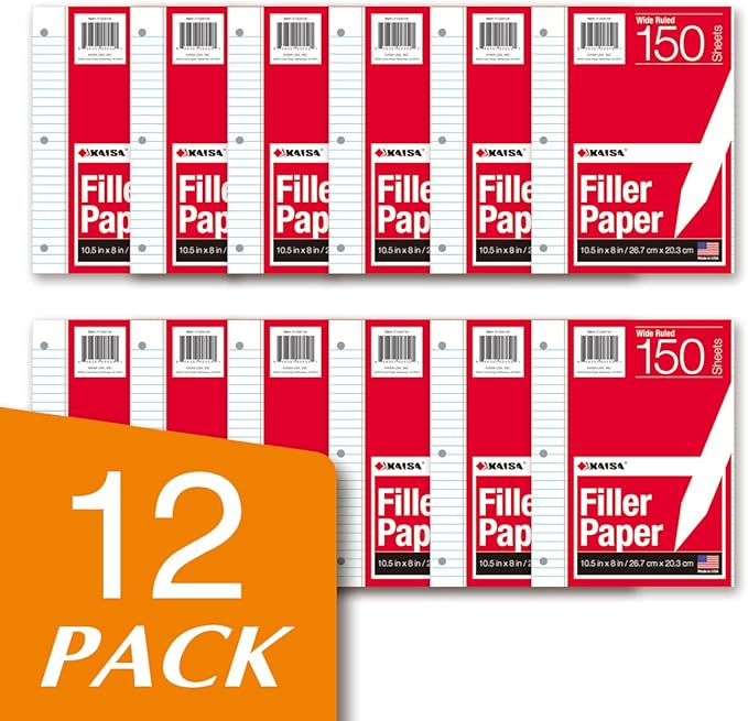 Kaisa loose Leaf Paper Filler Paper 150 Sheets 8"x10.5",Wide Ruled, 3-Hole Punched for 3-Ring Binders, Carton of 12pack