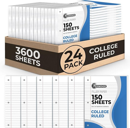 Rosmonde Loose Leaf Paper Bulk, 3600 Sheets, 24 Pack, College Ruled Sheets, 8 x 10.5", 150 Sheets/Pack, 3 Hole Punch, Bulk Notebook Paper, Filler Sheets, Fits Standard Binders, Fights Ink Bleed, White