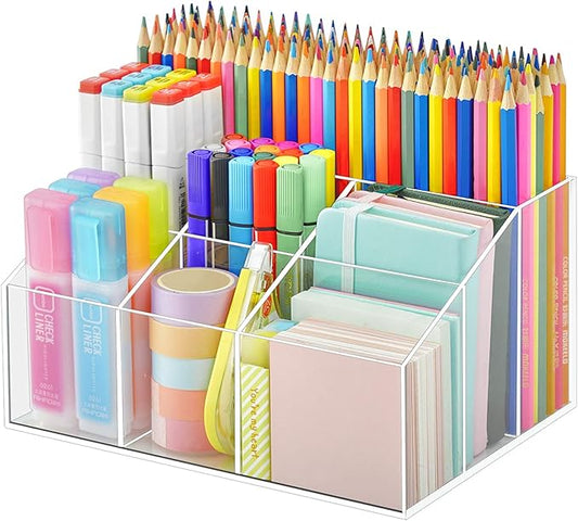 VITVITI Acrylic Pen Holder, Clear Organizer, 7 Compartment Desk Pencil Holder, Desktop Stationery Organizer for Office/School/Home/Art Supplies
