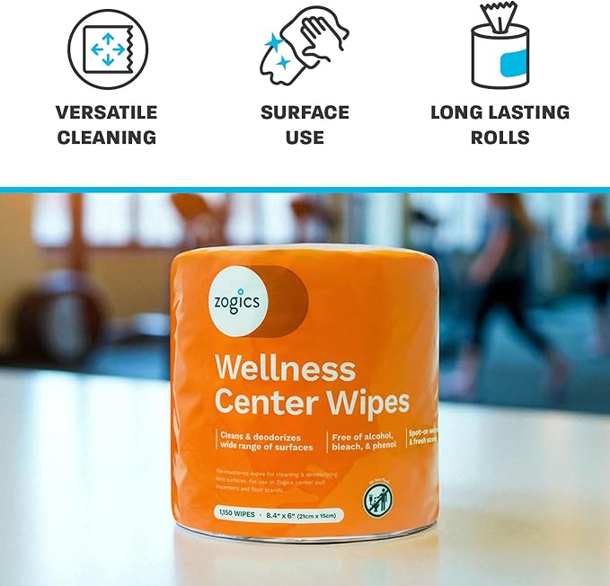 Zogics Wellness Center Cleaning Wipes – Gym Equipment Wipes for Cleaning Surfaces and Fitness Equipment, Durable and Safe Pre-Saturated Wet Wipes (2,300 Count, 2 Rolls of 1,150 Wipes)